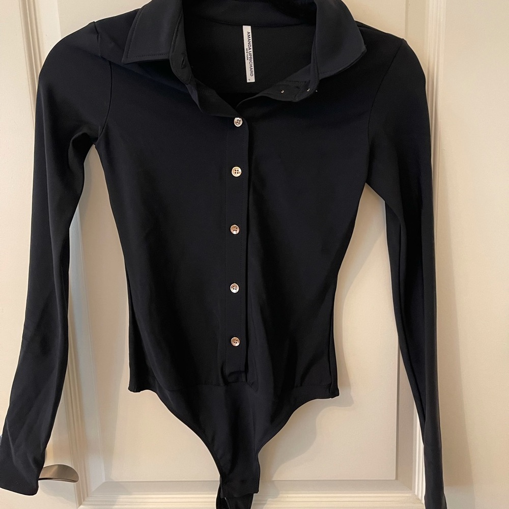 Amanda Uprichard black with gold Button-Up Sherman Bodysuit.